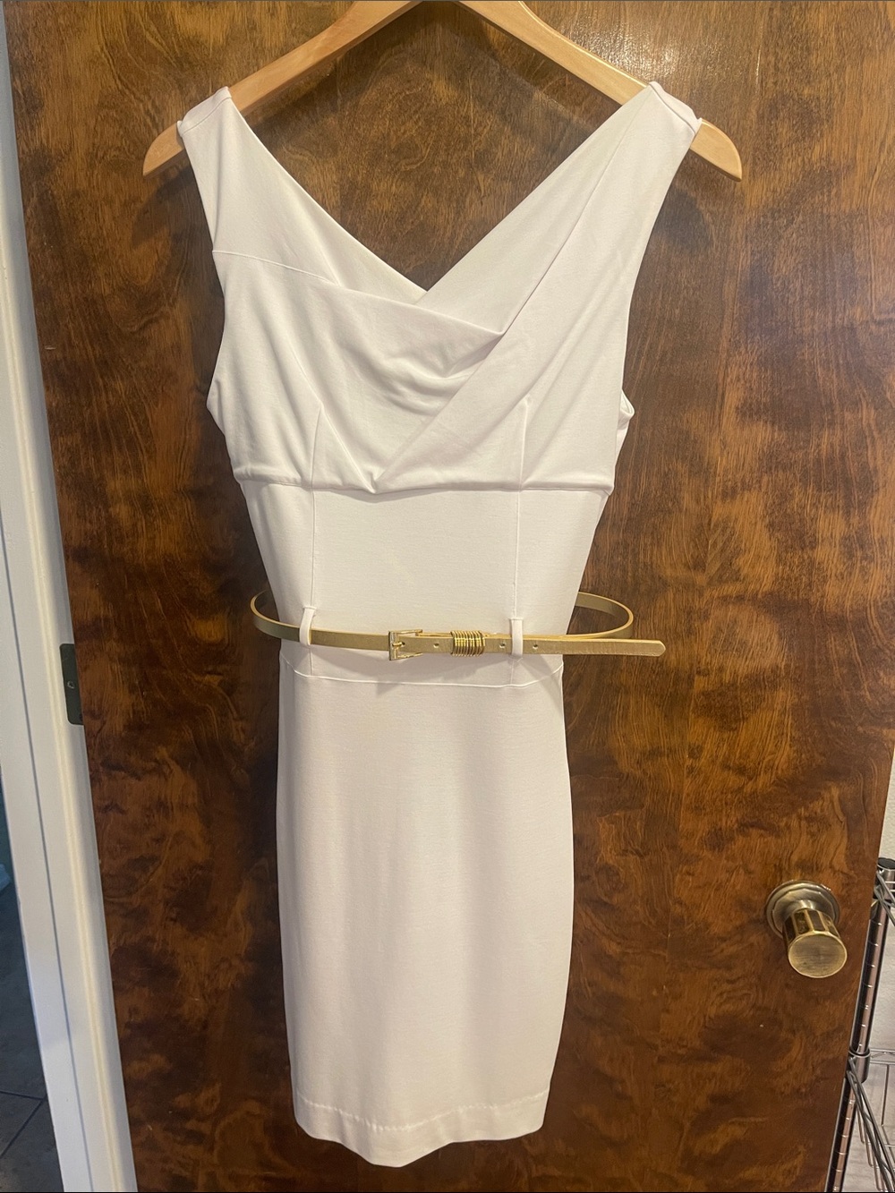 bebe White Midi Dress with Gold Belt Accent